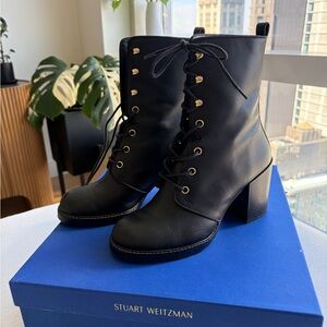 Stuart Weitzman “Cassey” Black Lace-Up Leather Block Heel Ankle Boots